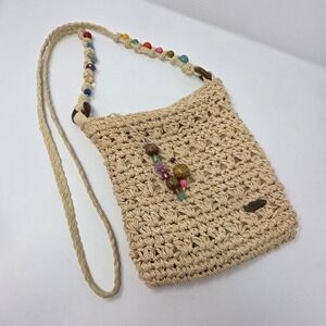 Cappelli Straworld Beige Woven Straw Raffia Boho Crossbody Beaded Strap Purse